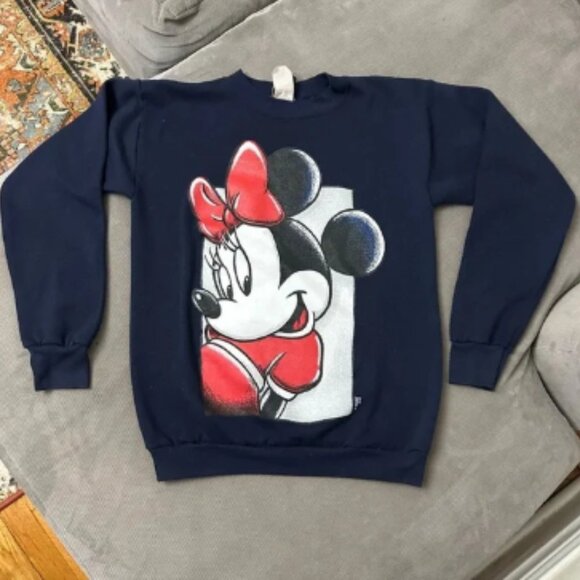 Vintage 90s Minnie Mouse Disney Mickey Unlimited Navy Sweatshirt Medium - Fits S - Picture 1 of 8